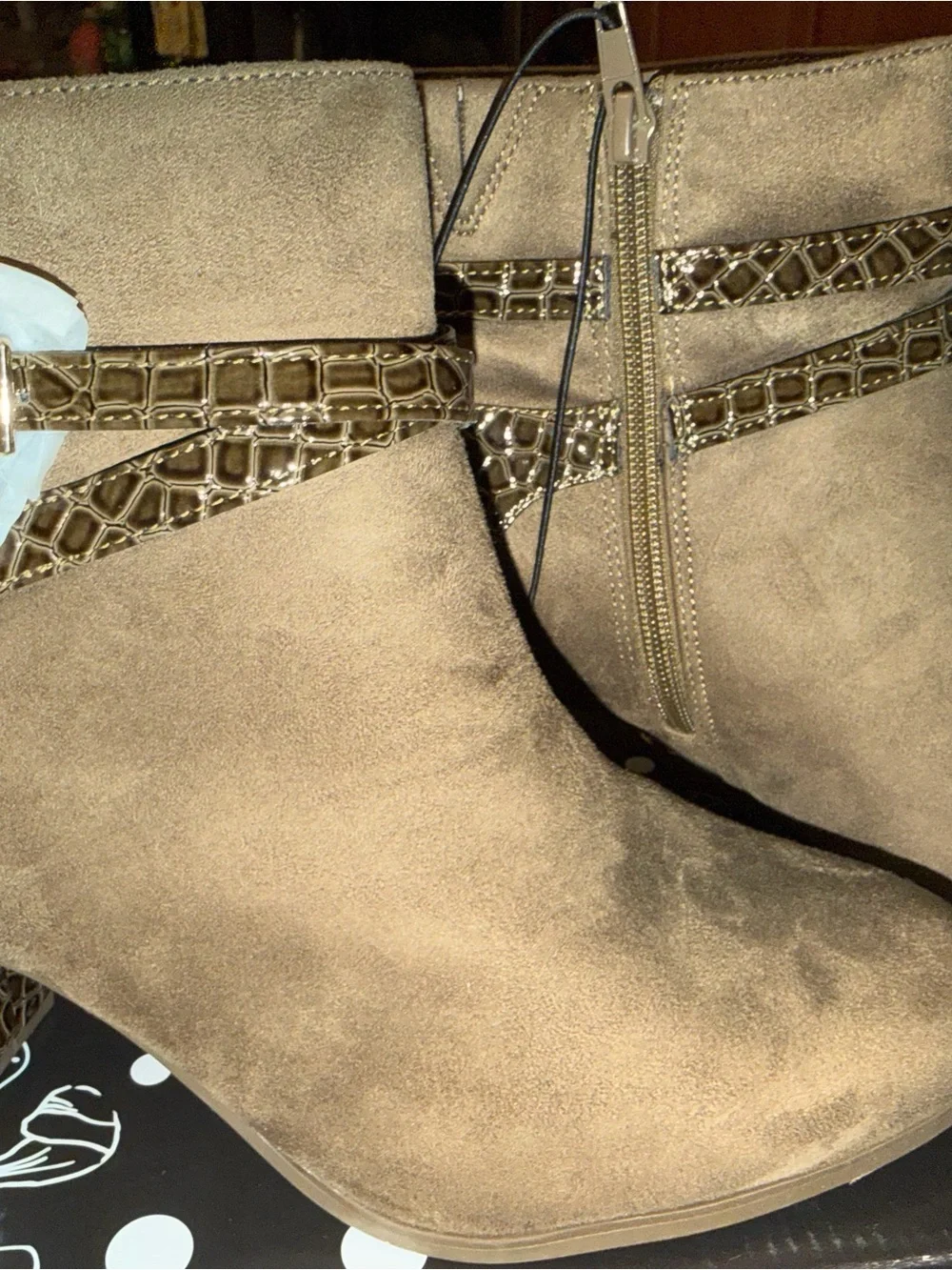 East 5th Taupe Suede Ankle Boots with Croc-Trim Strap